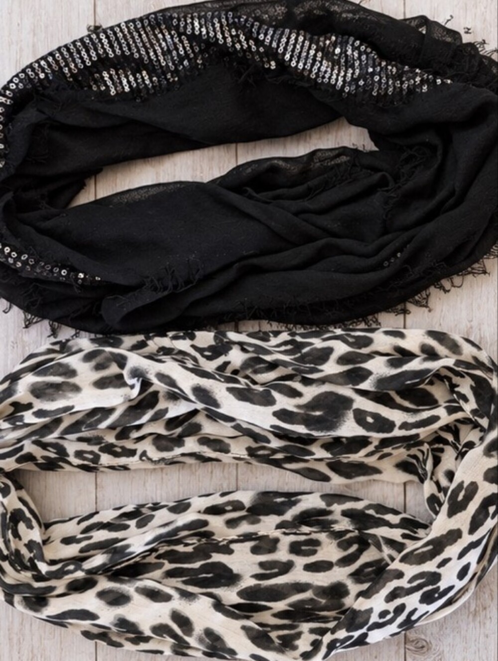 Maurices Set of 2 Infinity Scarves Animal Print Black Sequin Lightweight